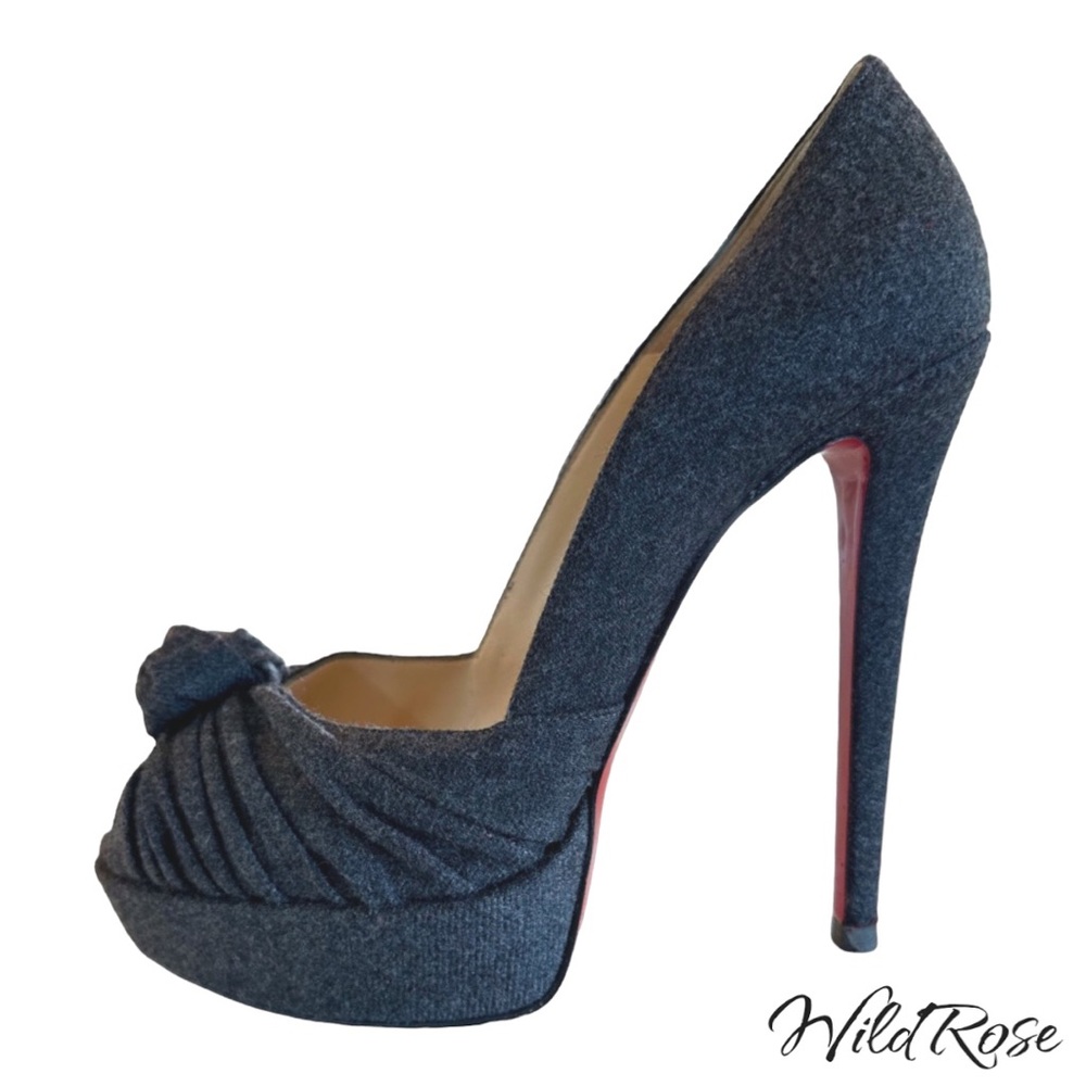 CHRISTIAN LOUBOUTIN “Lady Gres” Gray Flannel  Wool Twist Knot Peep Toe Heel 40